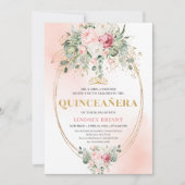 Luxury Blush Roses Greenery Gold Quinceañera Invit Kaart (Voorkant)