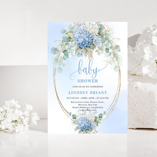 Luxury Bohemian Blue Hydrangea Baby Shower Invite Kaart
