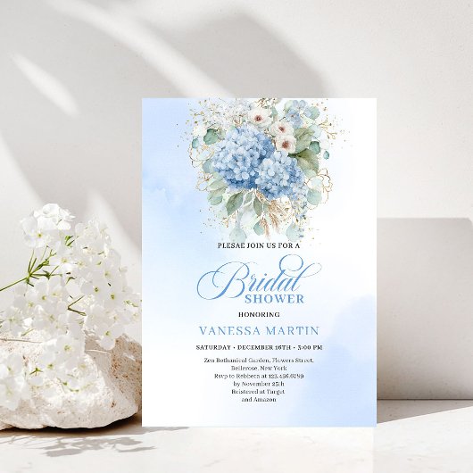 Luxury Bohemian Blue Hydrangea Bridal Shower Invit Kaart