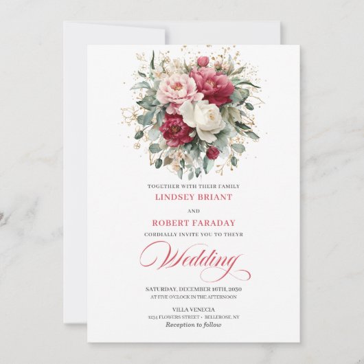 Luxury Bohemian Ruby Red White Gold Wedding Invite Kaart (Voorkant)