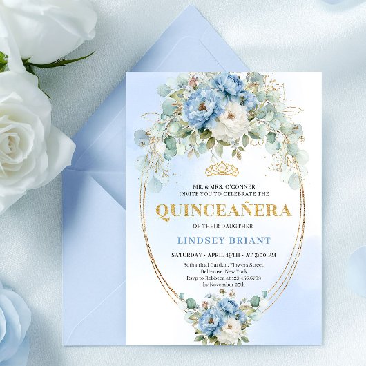 Luxury Boho Blue Peonies Quinceañera Printable Kaart