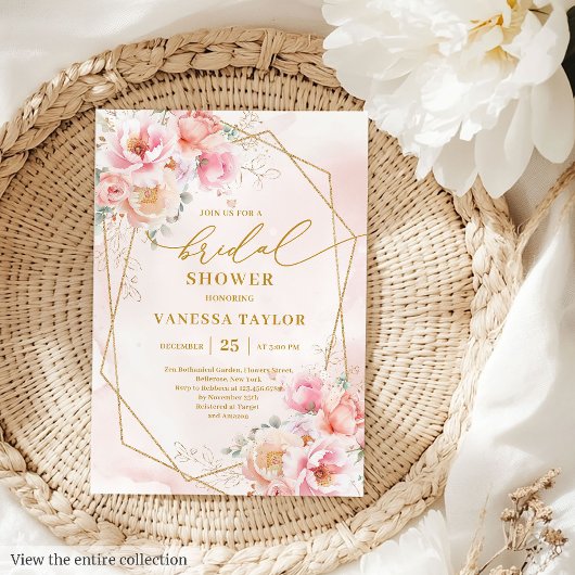 Luxury Boho Blush Gold Floral Bridal Shower Invite Kaart