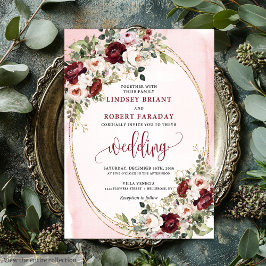 Luxury Boho Burgundy Blush Gold Floral Invitation Kaart