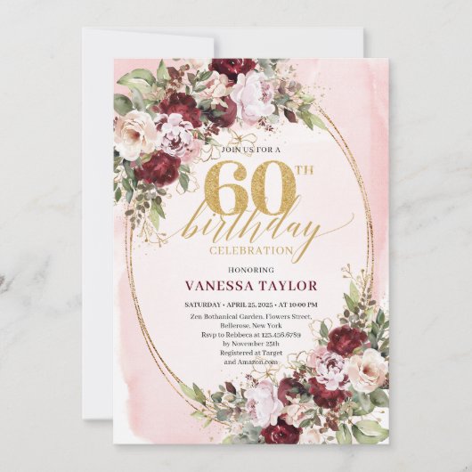 Luxury Boho Burgundy Gold Floral 60th Birthday  Kaart (Voorkant)