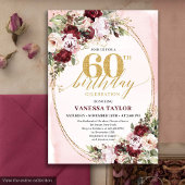 Luxury Boho Burgundy Gold Floral 60th Birthday  Kaart
