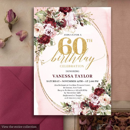 Luxury Boho Burgundy Gold Floral 60th Birthday  Kaart