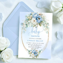 Luxury Boho Dusty Blue Greenery Gold Baby Shower Kaart