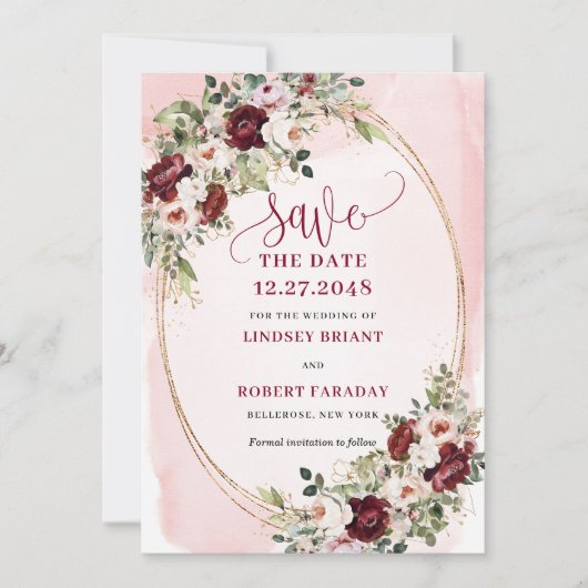 Luxury Boho Maroon Blush Gold Roses Save Date Kaart (Voorkant)
