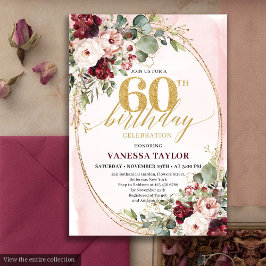 Luxury Boho Maroon Gold Floral 60th Birthday Card Kaart