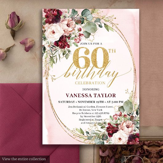 Luxury Boho Maroon Gold Floral 60th Birthday Card Kaart
