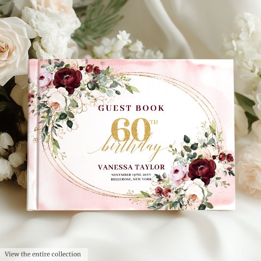Luxury Boho Marsala Gold Floral 60th Birthday Gastenboek
