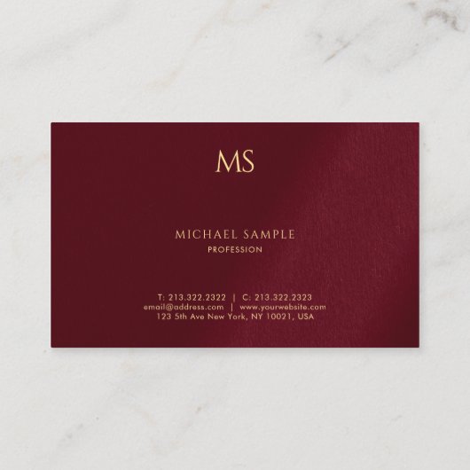 Luxury Bordeaux Elegant Gold Text Monogram Visitekaartje (Achterkant)