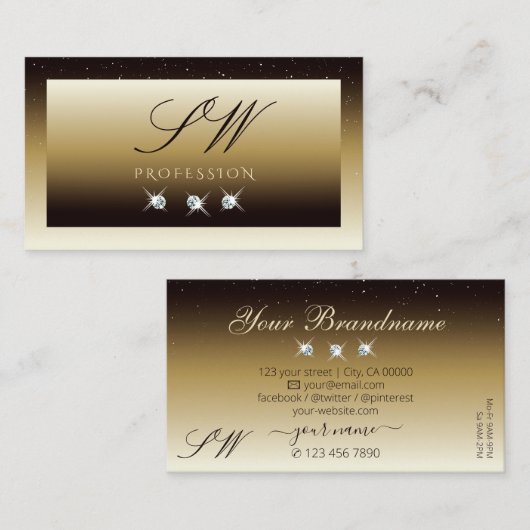 Luxury Brown Beige Ombre Sparkle Diamonds Monogram Visitekaartje (Voorkant / Achterkant)