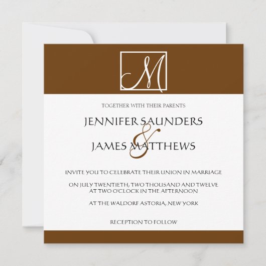 Luxury Brown Monogram Initiaal Weddenschap Kaart (Voorkant)