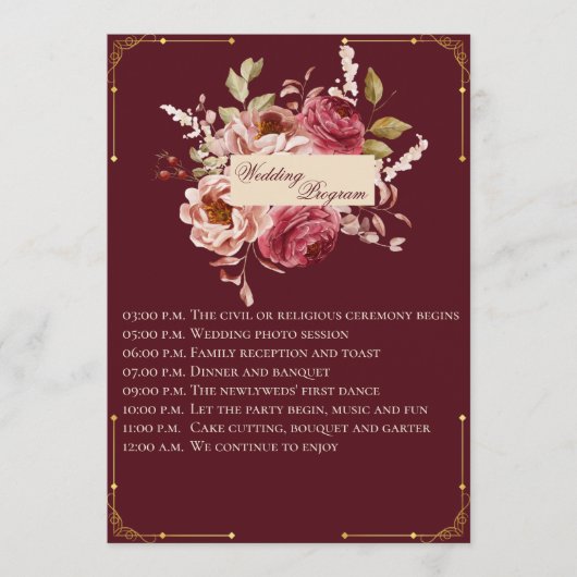 Luxury Burgundy and Gold Floral Wedding Program Programmakaart (Voorkant)