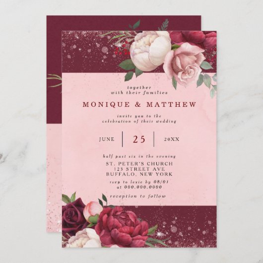 Luxury Burgundy Blush Pink Glitter Peony Wedding Kaart (Voorkant / Achterkant)