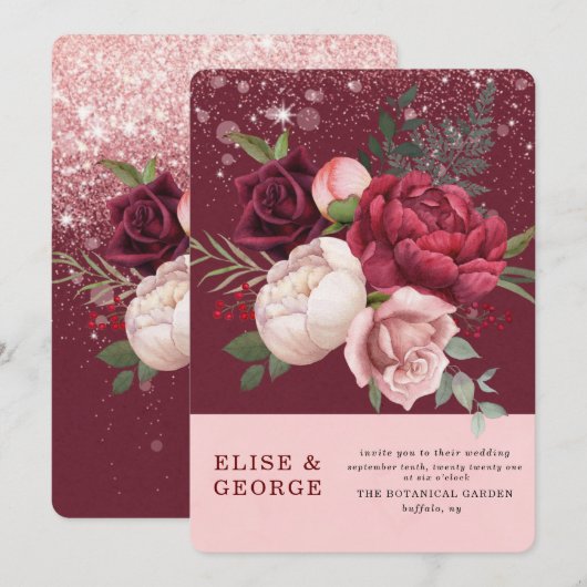Luxury Burgundy Blush Pink Peony Glitter Weddensch Kaart (Voorkant / Achterkant)