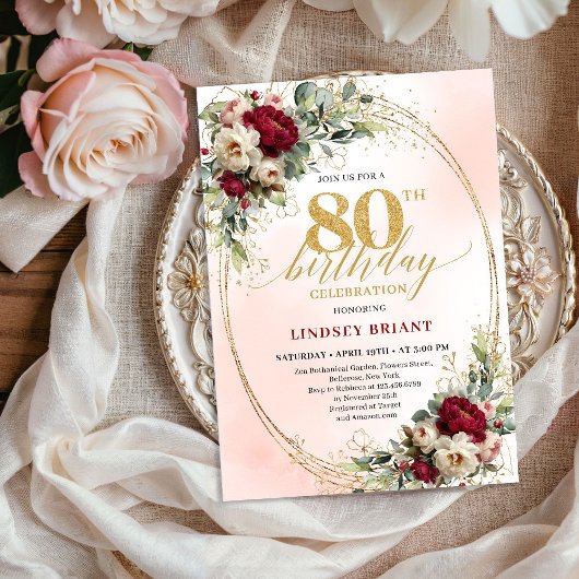 Luxury Burgundy Bohemian Floral 80th Birthday  Kaart