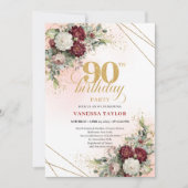 Luxury Burgundy Boho Floral Greenery 90th Birthday Kaart (Voorkant)