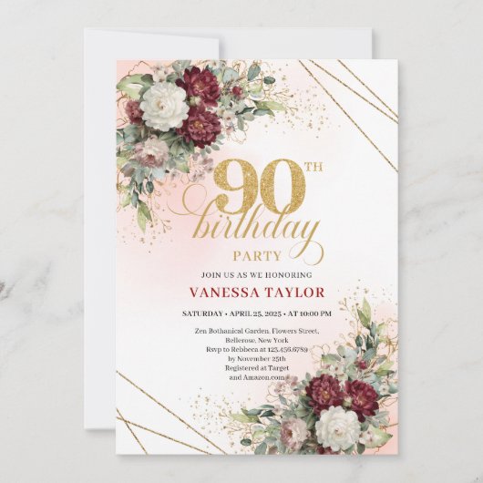 Luxury Burgundy Boho Floral Greenery 90th Birthday Kaart (Voorkant)