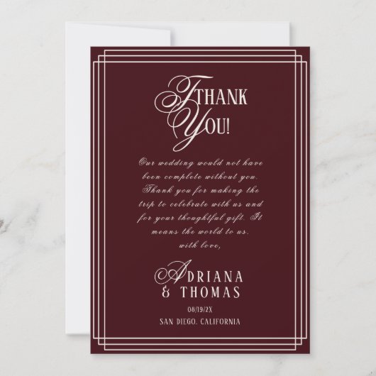 Luxury Burgundy Calligraphy Wedding Bedankkaart (Voorkant)