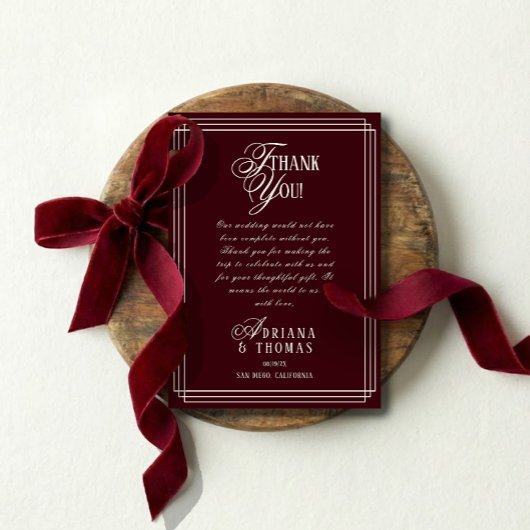 Luxury Burgundy Calligraphy Wedding Bedankkaart