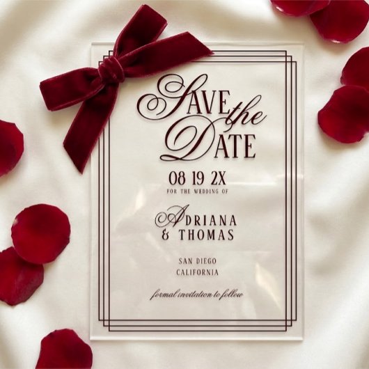 Luxury Burgundy Calligraphy Wedding Save The Date Acryl Uitnodigingen