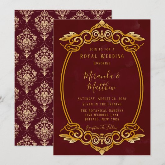 Luxury Burgundy en Gold Royal Wedding Invitation Kaart (Voorkant / Achterkant)