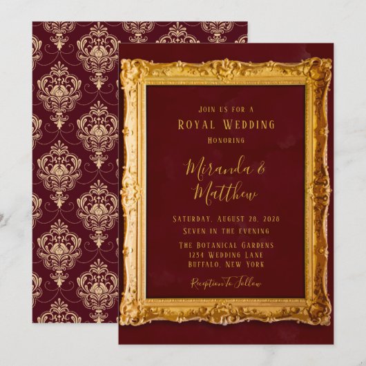Luxury Burgundy en Gold Royal Wedding Kaart (Voorkant / Achterkant)