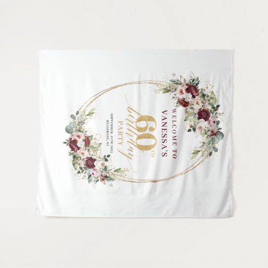 Luxury Burgundy Gold Floral 60th Birthday Banner Wandkleed (Voorkant (horizontaal))