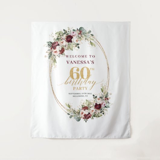 Luxury Burgundy Gold Floral 60th Birthday Banner Wandkleed (Voorkant)
