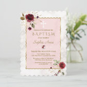 Luxury Burgundy Gold Flowers Marble Baptisme Kaart (Staand voorkant)