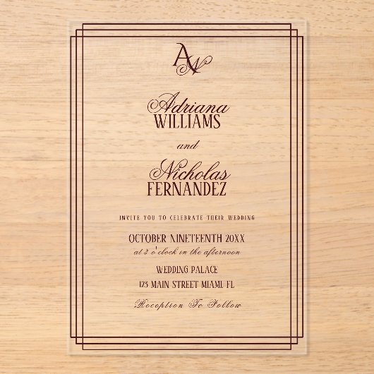 Luxury Burgundy Monogram Wedding Acryl Uitnodigingen (Voorkant)