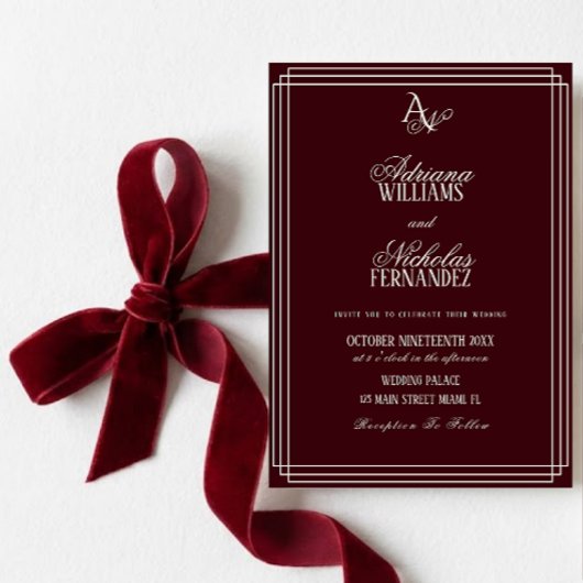Luxury Burgundy Monogram Wedding Kaart
