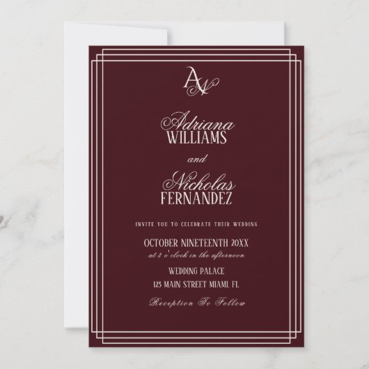 Luxury Burgundy Monogram Wedding Kaart (Voorkant)