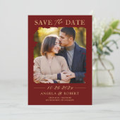 Luxury Burgundy Red Gold Brush Stroke Photo Lijst Save The Date (Staand voorkant)