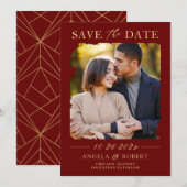 Luxury Burgundy Red Gold Brush Stroke Photo Lijst Save The Date (Voorkant / Achterkant)