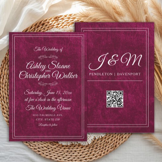 Luxury Burgundy Velvet White Monogram QR code Kaart