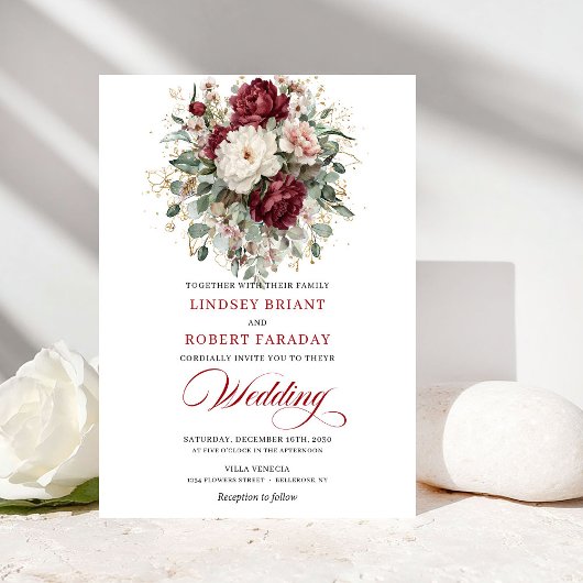 Luxury Burgundy White Floral Eucalyptus Wedding  Kaart