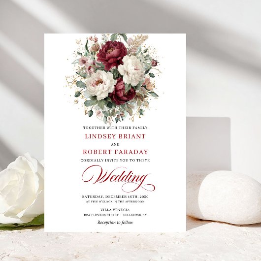 Luxury Burgundy White Floral Gold Wedding Invite Kaart