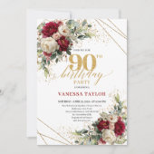 Luxury Burgundy White Roses Gold 90th Birthday  Kaart (Voorkant)
