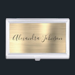 Luxury Business Gold Foil Modern Visitekaarthouder<br><div class="desc">Gold Foil Metallic Stainless Steel Minimalist Business Card Holder met witte letterscripttekentypografie voor het monogram. De Foil Metal Business Card Holders kunnen met jouw naam worden aangepast. Neem contact op met de ontwerper voor aangepaste overeenkomende objecten.</div>