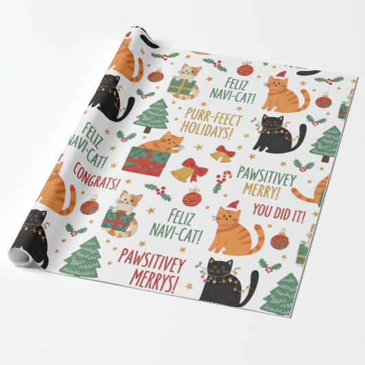Luxury Cat Christmas Wrapping Paper Festive Feline Cadeaupapier (Uitgerold)