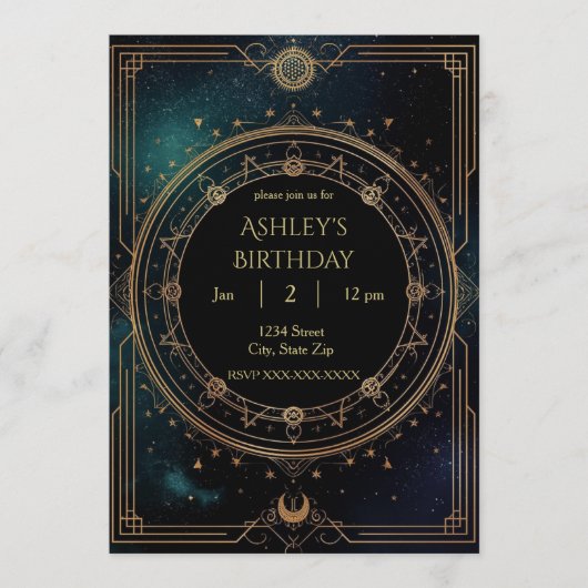 Luxury Celestial Birthday Invitation – Midnight Kaart (Voorkant)