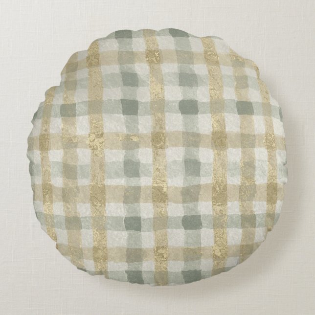 Luxury Checked, Gold Grey Beigi Pattern Rond Kussen (Voorkant)