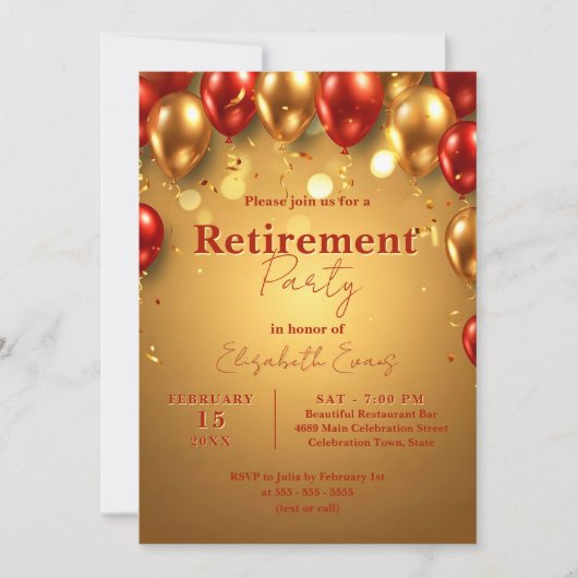 Luxury Chic Gold and Red Balloons Retirement Party Kaart (Voorkant)