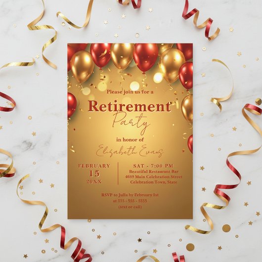 Luxury Chic Gold and Red Balloons Retirement Party Kaart