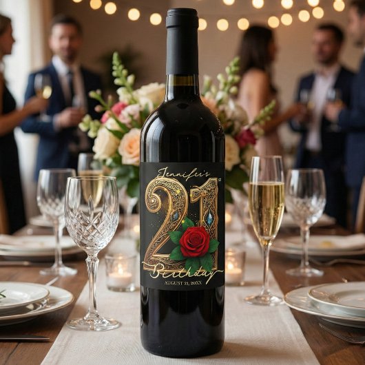 Luxury Chic Red Rose Gold Filigree 21st Birthday Wijn Etiket