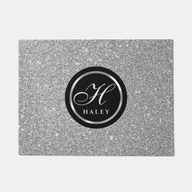Luxury Chic Silver Grey Glitter Monogram Initiaal Deurmat (Voorkant)