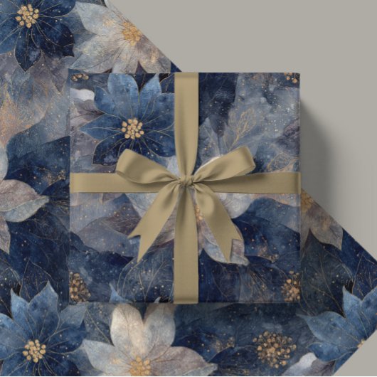 Luxury Christmas Blue and White Poinsettia Gift  Cadeaupapier